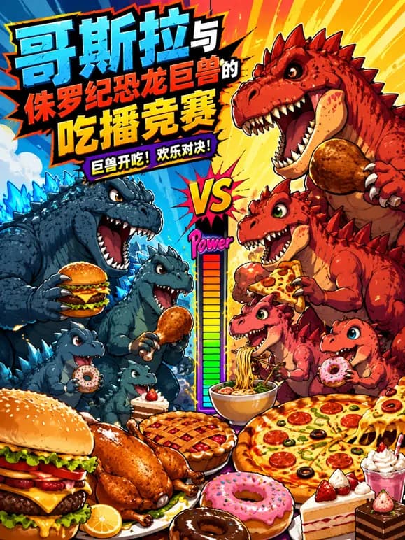哥斯拉与侏罗纪恐龙巨兽的吃播竞赛海报